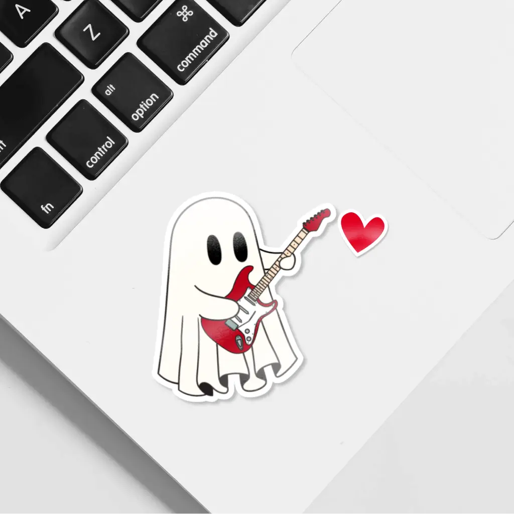 Pegatina divertida de fantasma tocando una guitarra eléctrica roja. Regalo perfecto para músicos, integrantes de bandas de música de rock.
