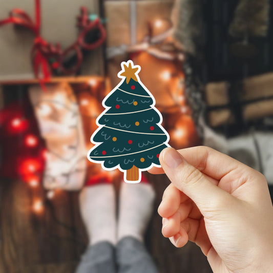 Pegatinas de vinilo de Navidad laminadas, resistentes al agua, perfectas para personalizar móviles, portátiles o botellas. Diseño navideño de 5x5 cm de un árbol de navidad.