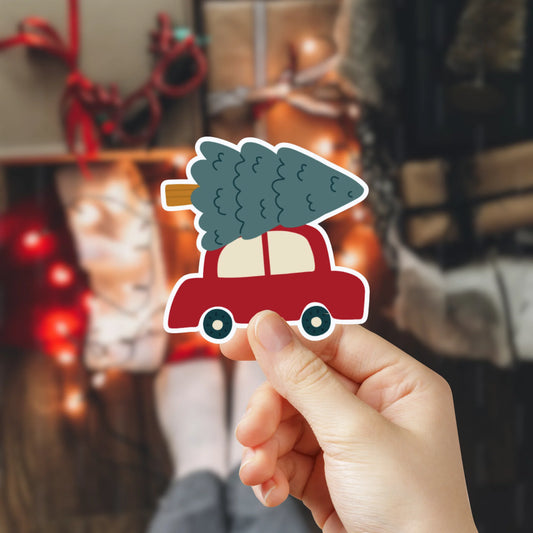 Pegatinas de vinilo de Navidad laminadas, resistentes al agua, perfectas para personalizar móviles, portátiles o botellas. Diseño navideño de 5x5 cm de un coche con un árbol de navidad.